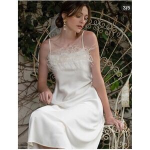 Blu Pepper Feather Trim Spaghetti Strap‎ Midi Slip Dress Satin Ivory Size L NWT